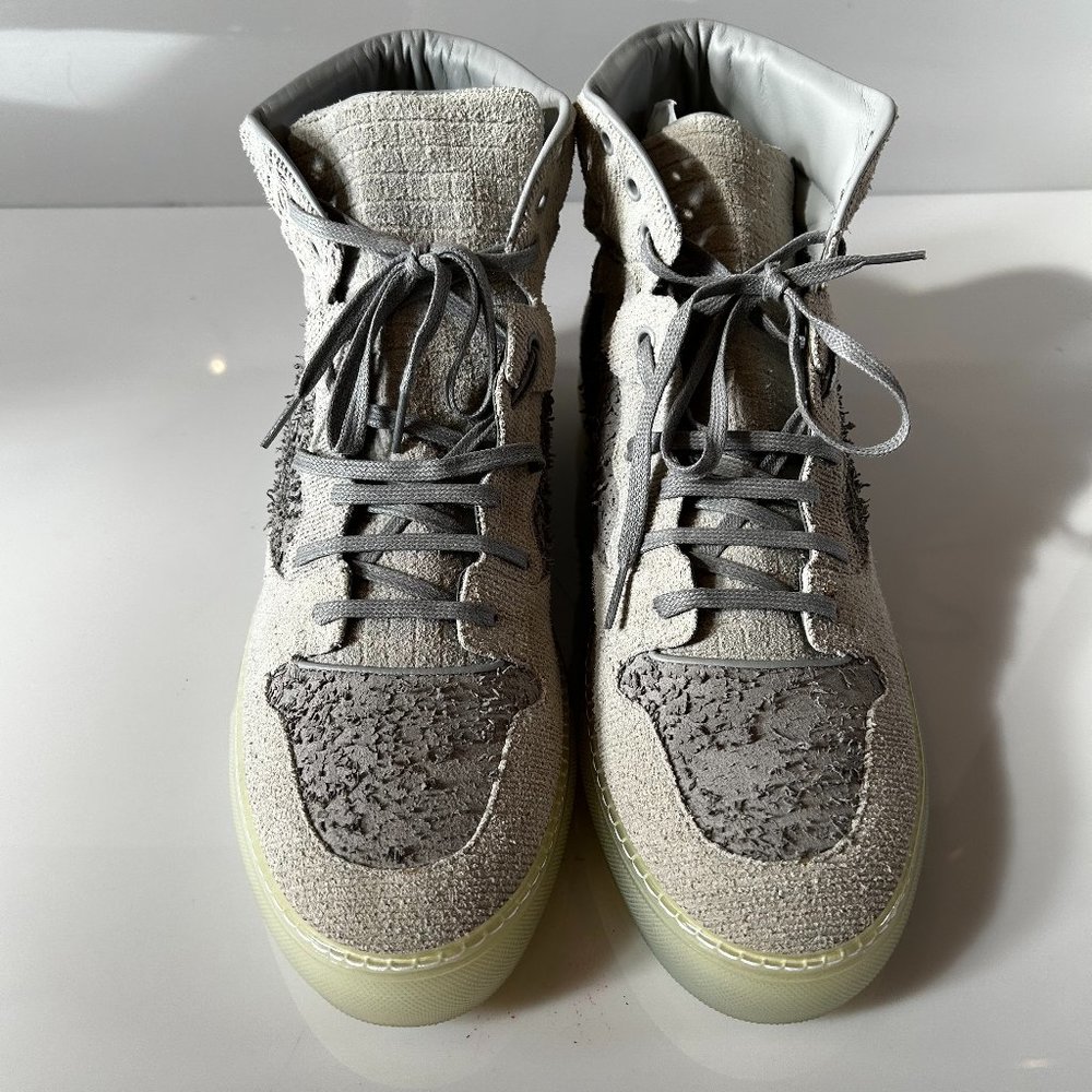 BALENCIAGA MEN HI TOP SNEAKERS US 12, GRAY SUEDE/CLEAR SOLE
